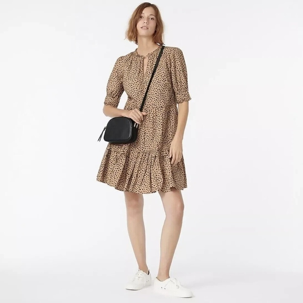 J.Crew poplin ruffleneck tiered popover dress in leopard dot